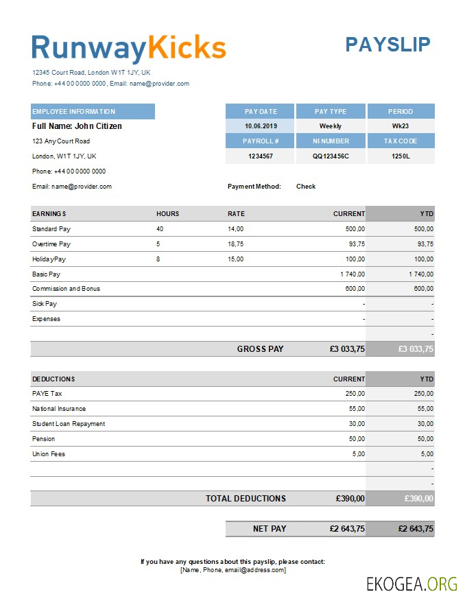 Modèle de fiche de paie de l'entreprise Runway Kicks aux formats Excel et PDF